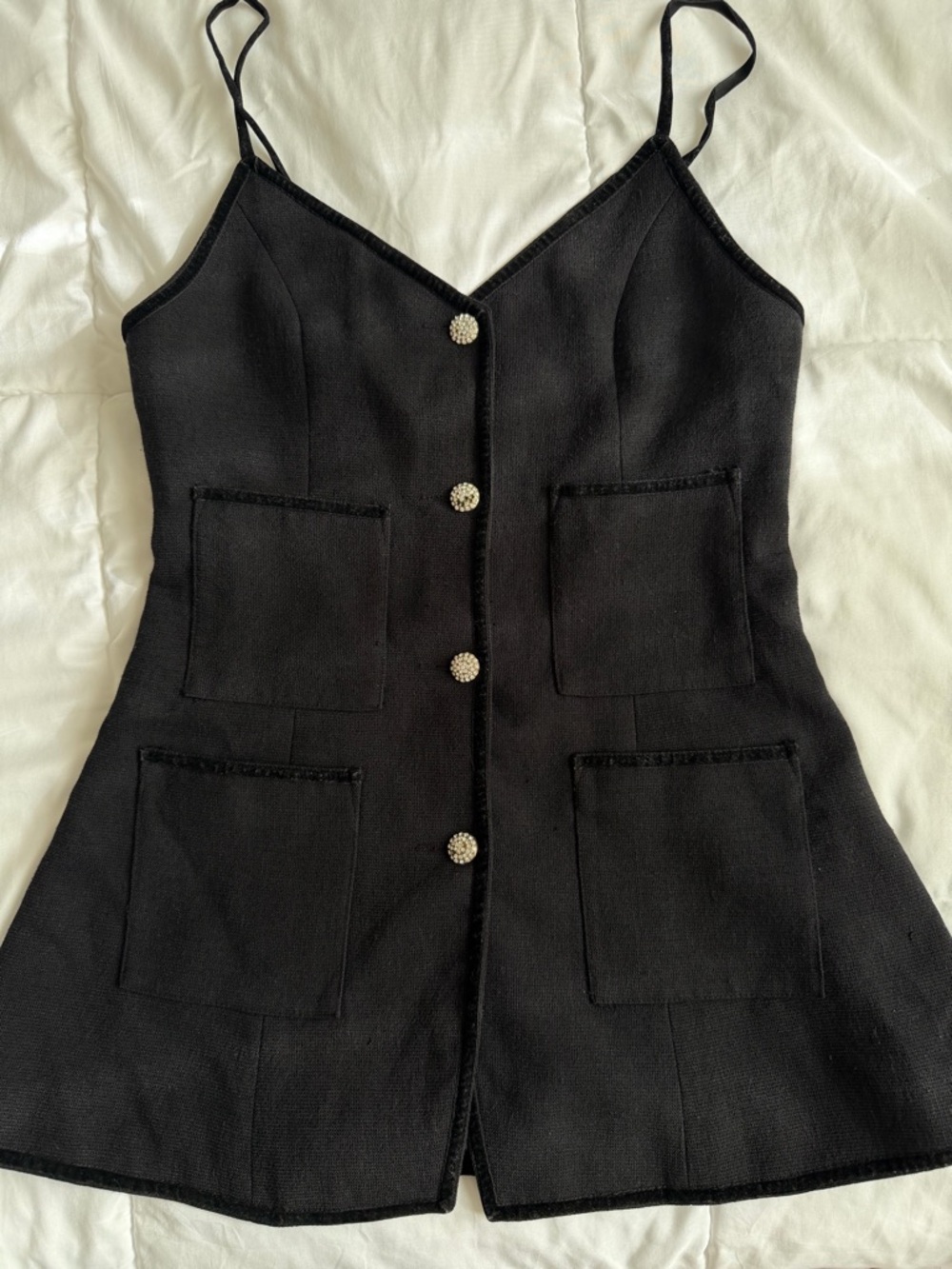 Black Button-Front Spaghetti Strap Mini Dress